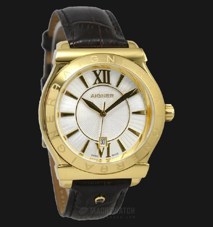 Aigner Bolzano A24116D Men White Dial Gold Case Brown Leather Strap + Extra Black Leather Strap