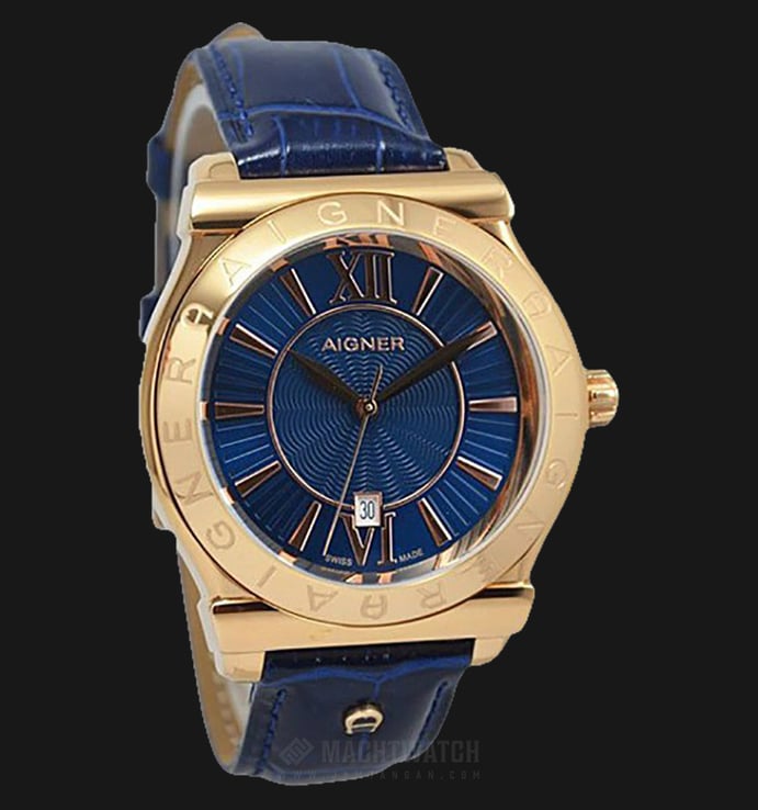 Aigner Bolzano A24116F Men Blue Dial Rose Gold Case Blue Leather Strap + Extra Black Leather Strap