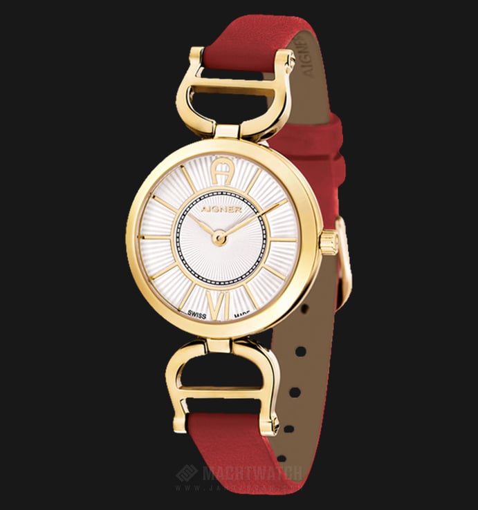 Aigner Chieti A24205A Ladies White Dial Gold Case Red Leather Strap