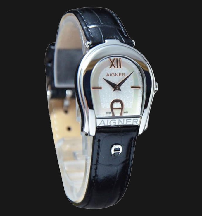 Aigner Andria A24223B Silver Mother of Pearl Dial Black Genuine Leather Strap