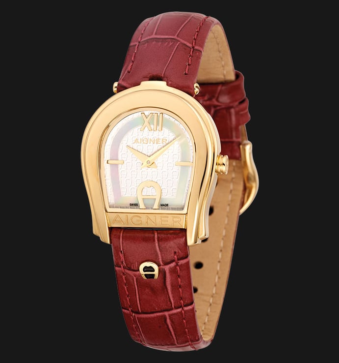 Aigner Varese A24224B Gold Plated Stainless Steel Red Genuine Leather Strap