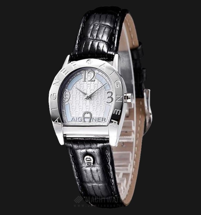 Aigner Asti Due A32279A Ladies White Pattern Dial Black Leather Strap + Extra Purple Leather Strap