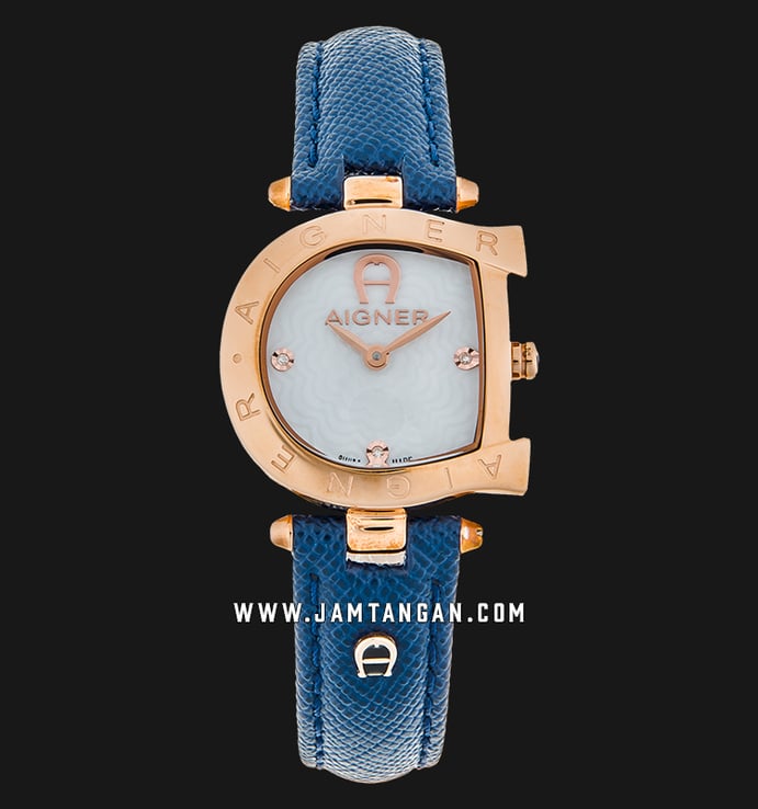 Aigner Arco A34218 Ladies White Pattern Dial Rose Gold Case Blue Leather Strap