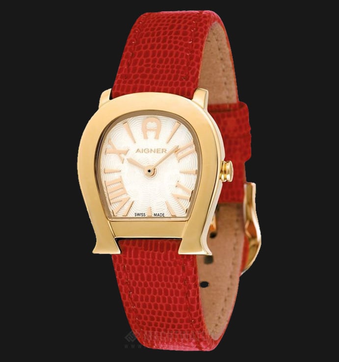 Aigner Varese A45209 Ladies White Pattern Dial Gold Case Red Leather Strap