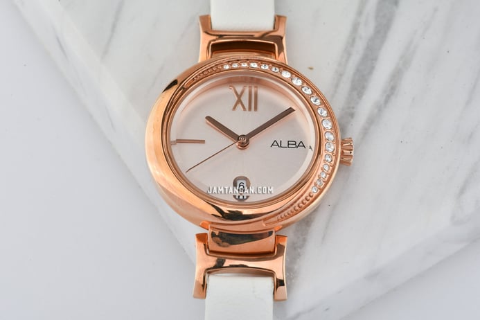 Alba Fashion AH7R84X1 Light Pink Dial White Leather Strap