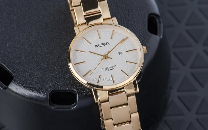 Alba Prestige AH7T60X1 Ladies White Pattern Dial Gold Stainless Steel Strap