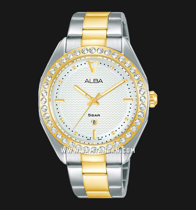 Alba Fashion AH7V34X1 Ladies Silver White Patterned Dial Dual Tone Stainless Steel Strap