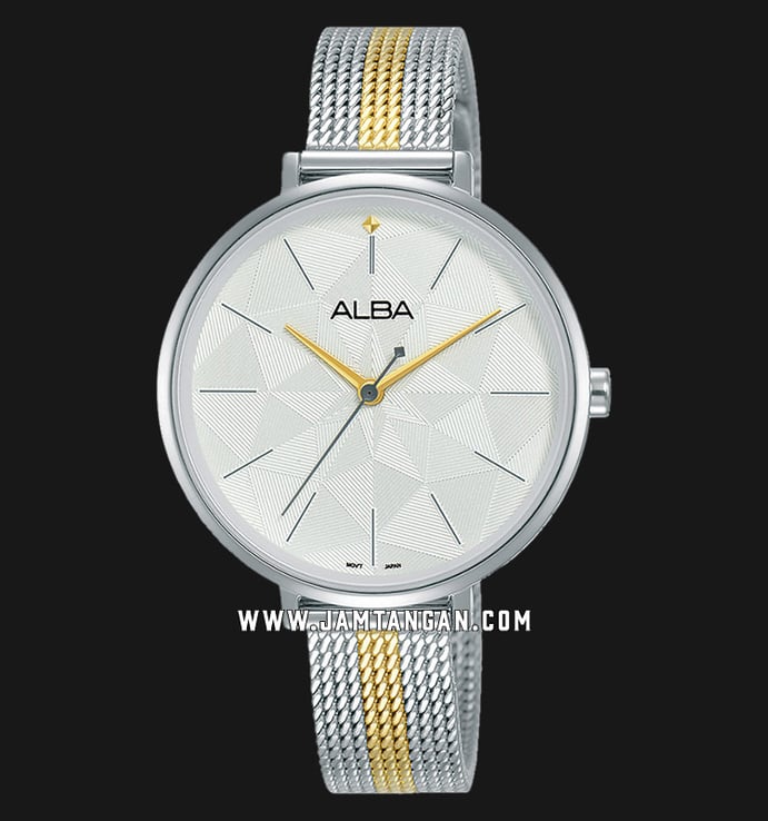 Alba Fashion AH8675X1 Ladies Silver Pattern Dial Dual Tone Mesh Strap