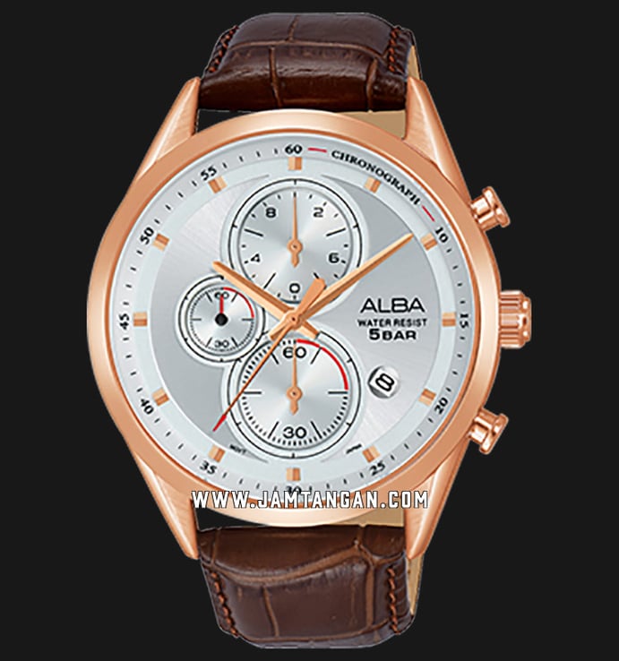 Alba Prestige AM3430X1 Chronograph Men Silver Dial Brown Leather Strap
