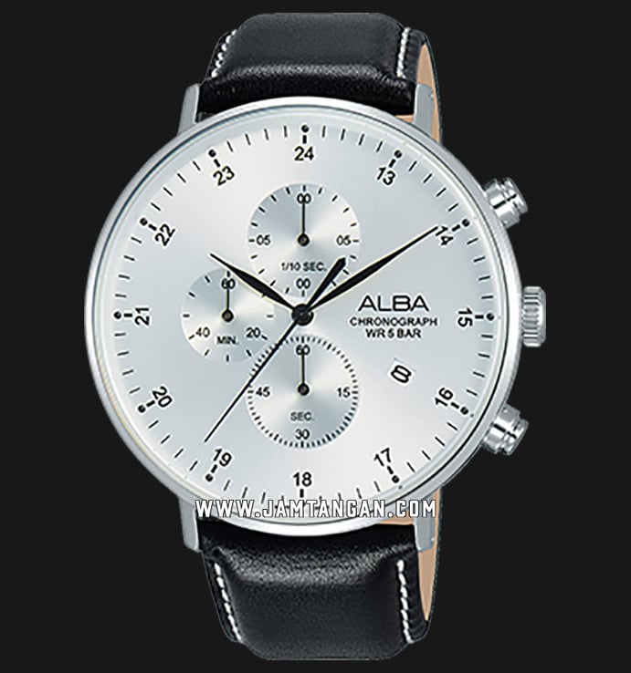 Alba AM3615X1 Chronograph Men Silver Dial Black Leather Strap