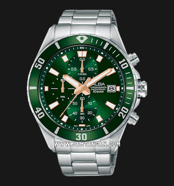 Alba AM3805X1 Chronograph Men Green Dial Stainless Steel Strap  