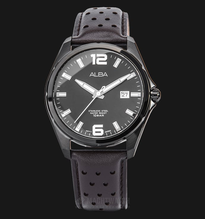 Alba AS9D67X1 Men Black Dial Ion Plating Case Black Leather Strap