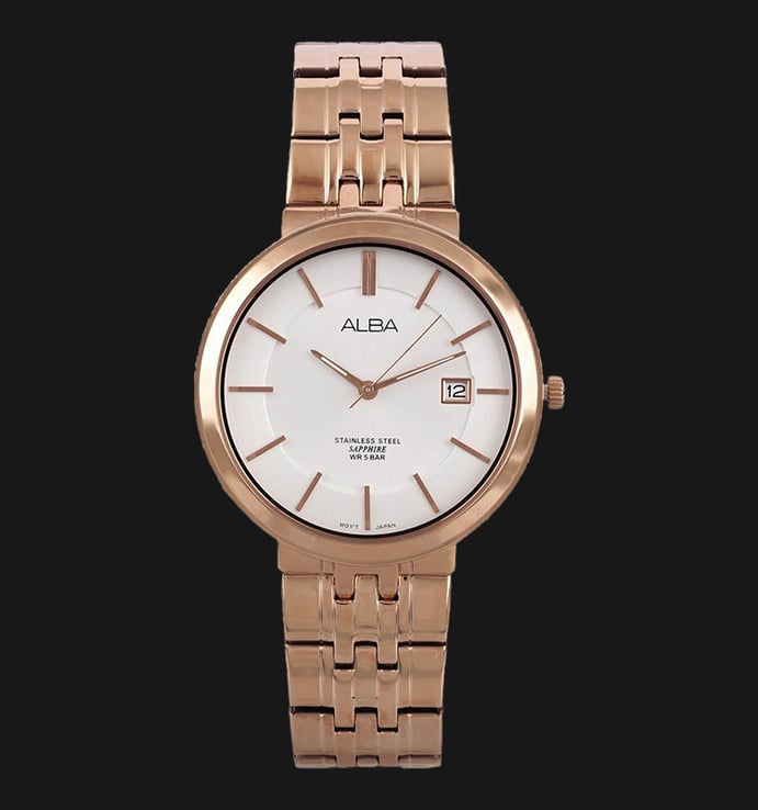 Alba Prestige AS9D70X1 Sapphire Crystal Man White Dial Rose Gold Stainless Steel Strap