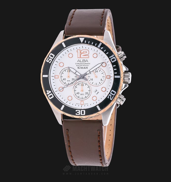 Alba AT3912X1 Chronograph White Dial Stainless Steel Case Leather Strap
