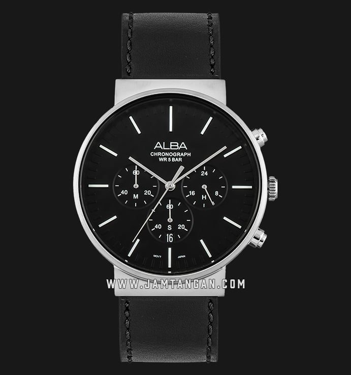 Alba AT3F17X1 Men Chronograph Black Dial Black Leather Strap