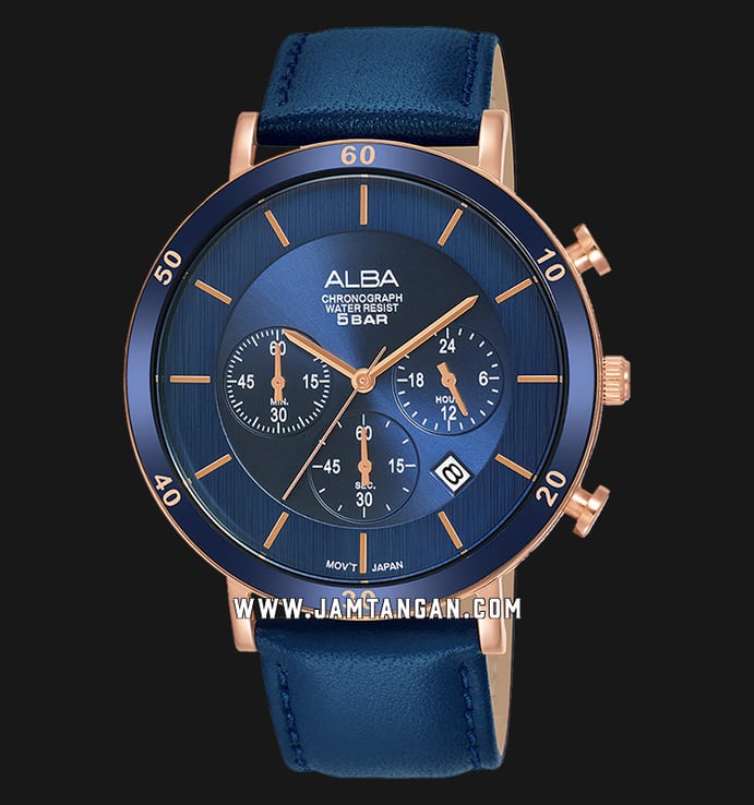 Alba Prestige AT3F72X1 Chronograph Men Dark Blue Dial Dark Blue Leather Strap