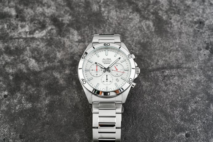 Alba Active AT3H29X1 Chronograph Men Silver White Dial Stainless Steel Strap
