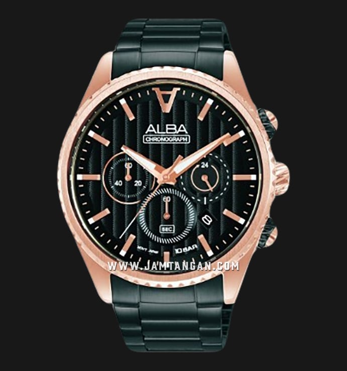 Alba Signa AT3H80X1 Chronograph Men Black Patterned Dial Black Stainless Steel Strap
