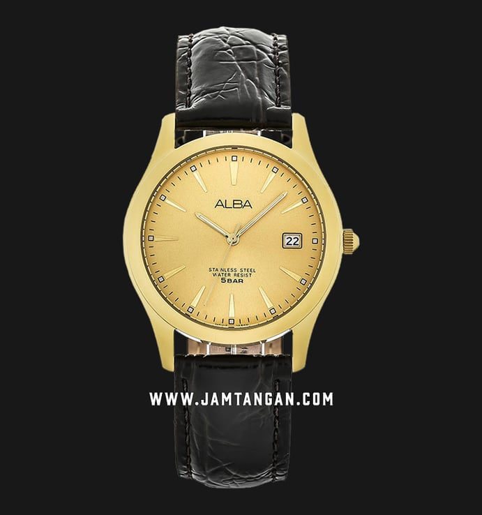 Alba Prestige AXHL64X1 Men Gold Dial Black Leather Strap