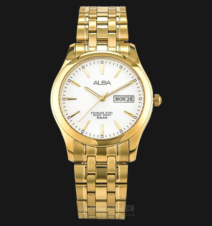 Alba Prestige AXND40X1 Men White Dial Gold Stainless Steel Strap