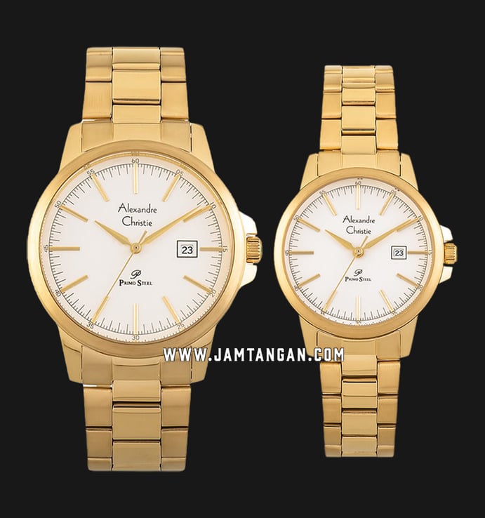 Alexandre Christie Primo Steel AC 1008 BGPSL Couple White Dial Gold Stainless Steel Strap