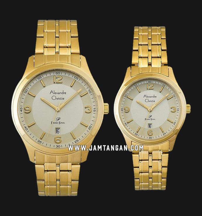 Alexandre Christie AC 1010 BGPIV Couple Silver Dial Gold Stainless Steel Strap