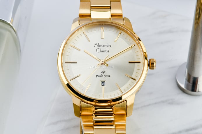 Alexandre Christie Primo Steel AC 1030 LD BGPIV Ladies Gold Dial Gold Stainless Steel Strap