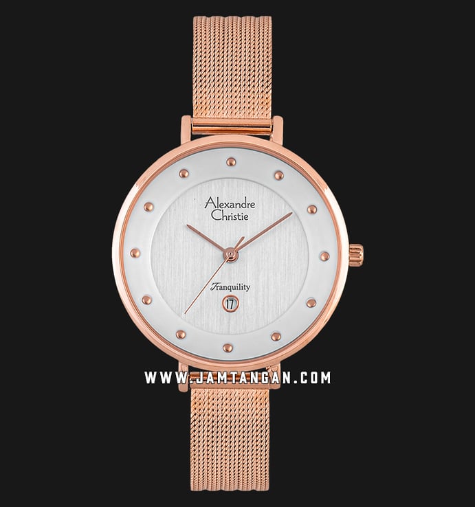 Alexandre Christie Tranquility AC 2485 LD BRGSL Ladies Silver Dial Rose Gold Mesh Strap