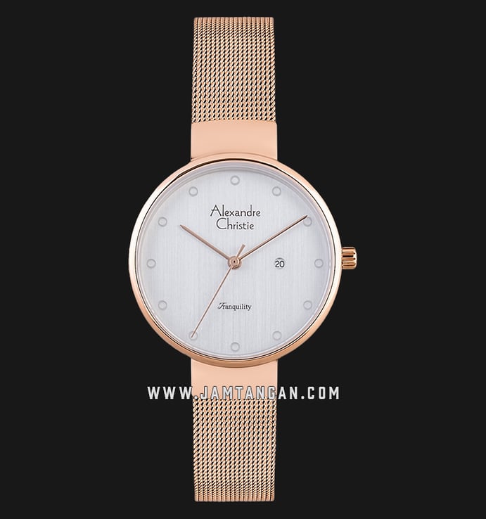 Alexandre Christie Tranquility AC 2509 LD BRGSL Ladies Silver Dial Rose Gold Mesh Strap