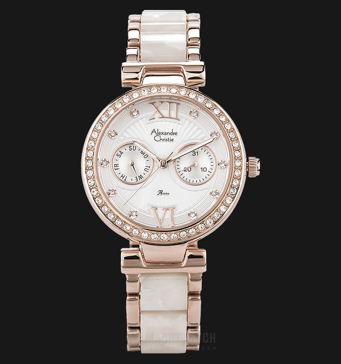 Alexandre Christie AC 2514 BF BRGSL Ladies White Pattern Dial Dual Tone Stainless Steel Strap