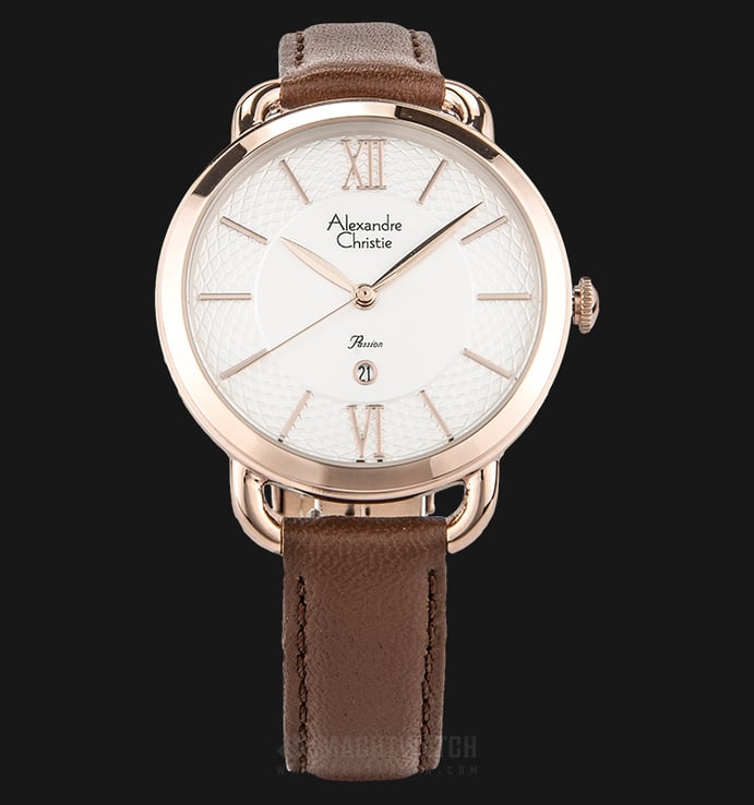Alexandre Christie AC 2674 LD LRGSLBO Ladies White Pattern Dial Brown Leather Strap + Extra Strap