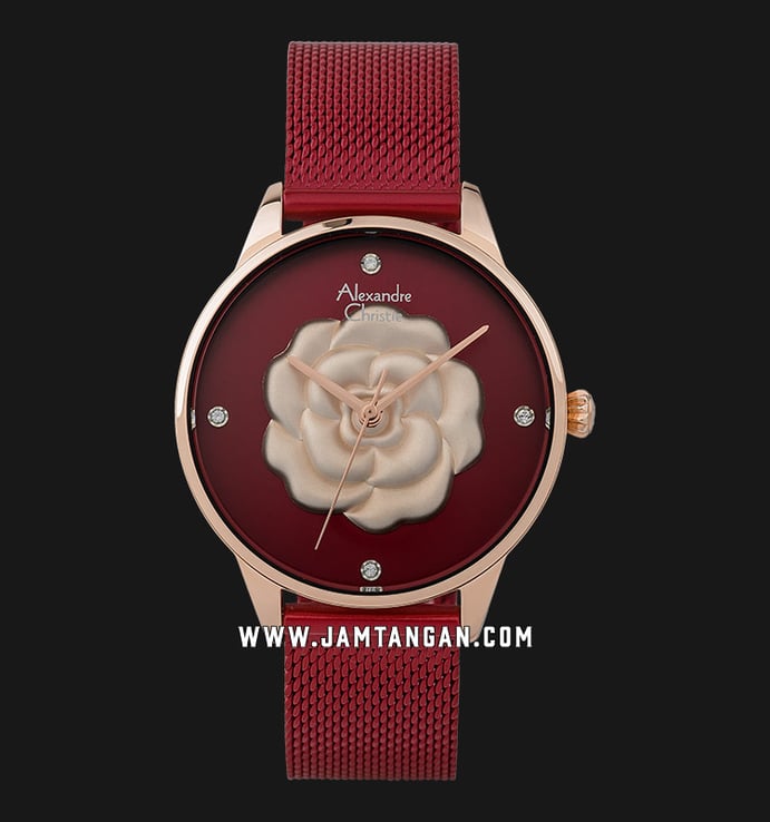 Alexandre Christie Passion AC 2723 LH BRDRE Ladies Red Rose Motif Dial Red Mesh Strap