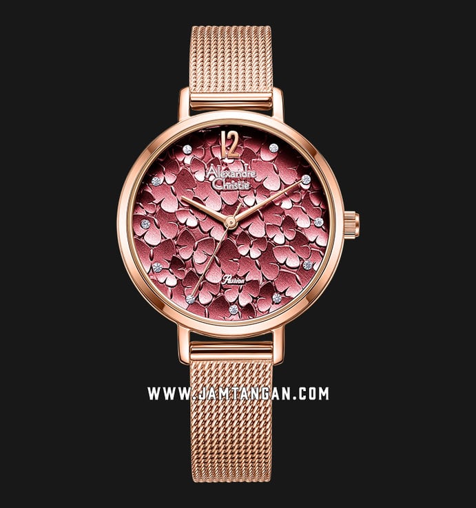 Alexandre Christie AC 2728 LH BRGRE Ladies Red Motif Dial Rose Gold Stainless Steel Strap