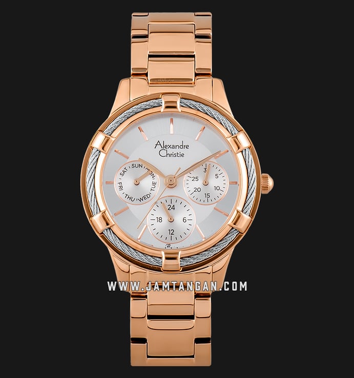 Alexandre Christie AC 2730 BF BRGSL Ladies Silver Dial Beige Ceramic & Rose Gold Stainless Steel