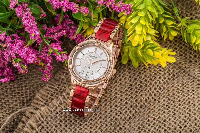 Alexandre Christie AC 2730 BF BRGSLRE Ladies Silver Dial Red Ceramic & Rose Gold Stainless Steel
