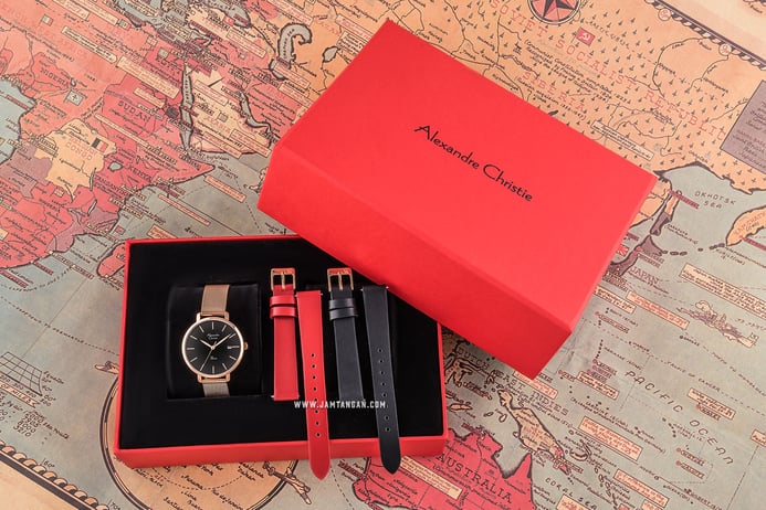 Alexandre Christie AC 2737 LD BRGBA SET Ladies Black Dial Rose Gold Stainless Steel + Extra Strap