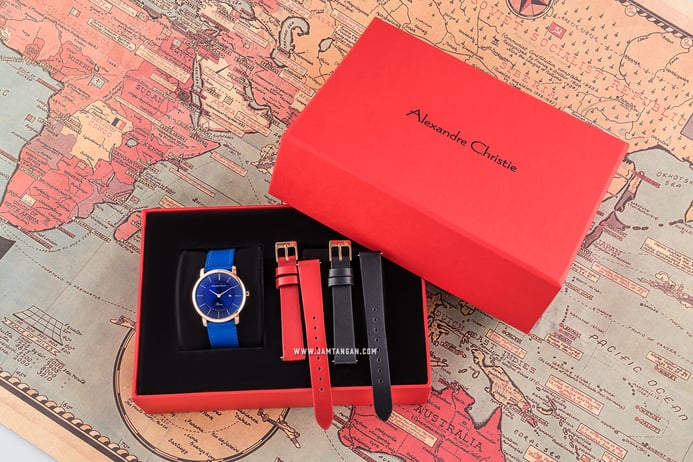 Alexandre Christie AC 2738 LD LRGBU SET Ladies Blue Dial Blue Leather Strap + Extra Strap
