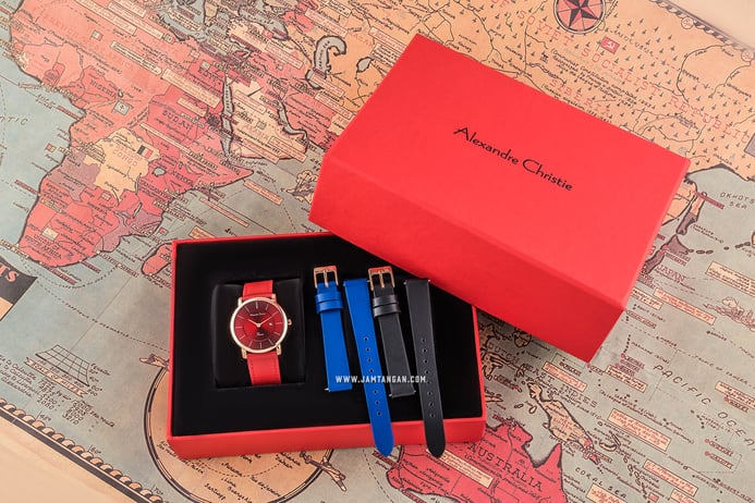Alexandre Christie AC 2738 LD LRGRE SET Ladies Red Dial Red Leather Strap + Extra Strap