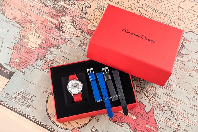 Alexandre Christie AC 2738 LD LSSSL SET Ladies Mother of Pearl Dial Red Leather Strap + Extra Strap
