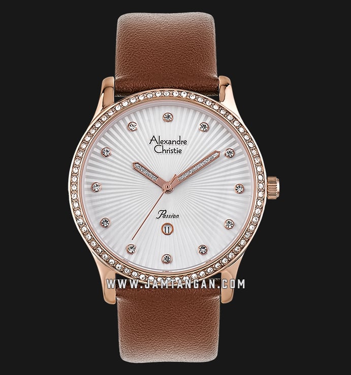 Alexandre Christie AC 2743 LD LRGSLBO Ladies White Pattern Dial Brown Leather Strap