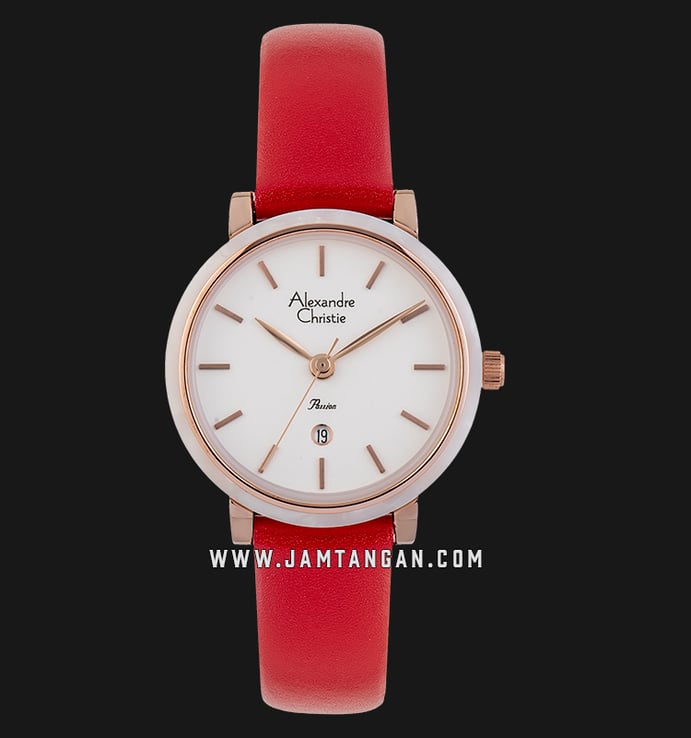 Alexandre Christie AC 2759 LD LRGSL Ladies White Dial Red Leather Strap
