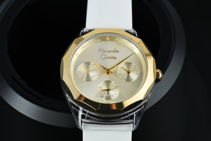 Alexandre Christie Multifunction AC 2808 BF RGPIV Ladies Gold Dial White Rubber Strap