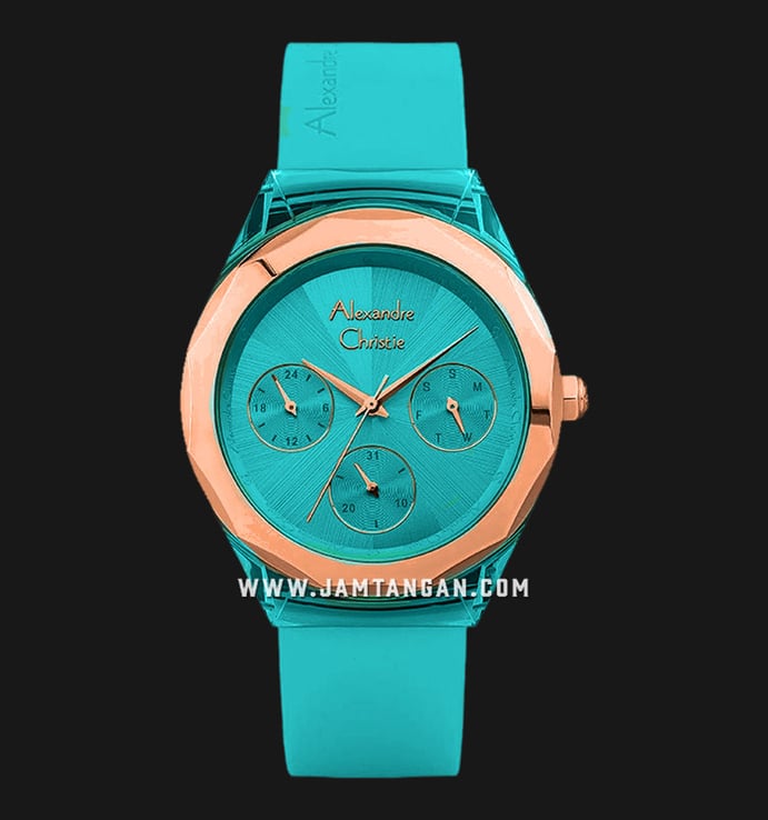 Alexandre Christie Multifunction AC 2808 BF RRGGN Ladies Green Dial Green Solid Rubber Strap