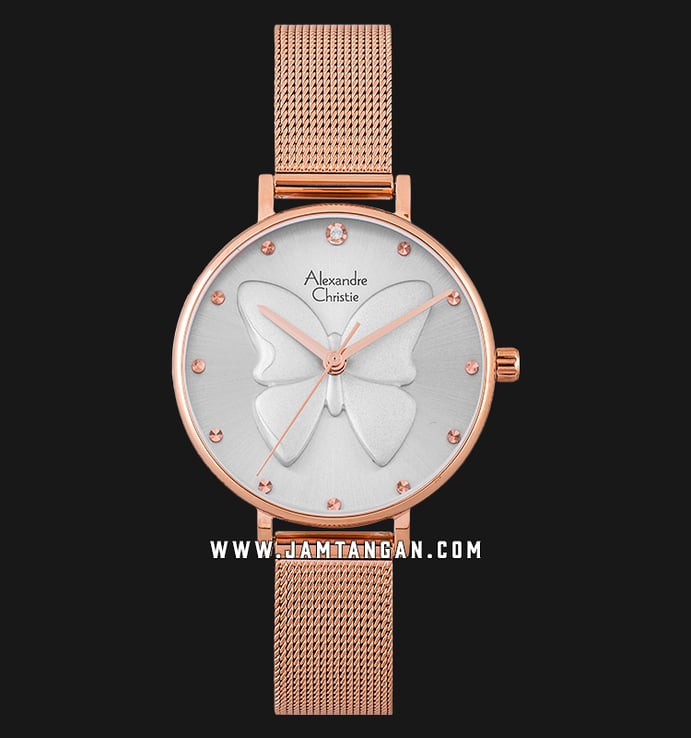 Alexandre Christie AC 2850 LH BRGLB Ladies 3D Butterfly Silver Dial Rose Gold Mesh Strap