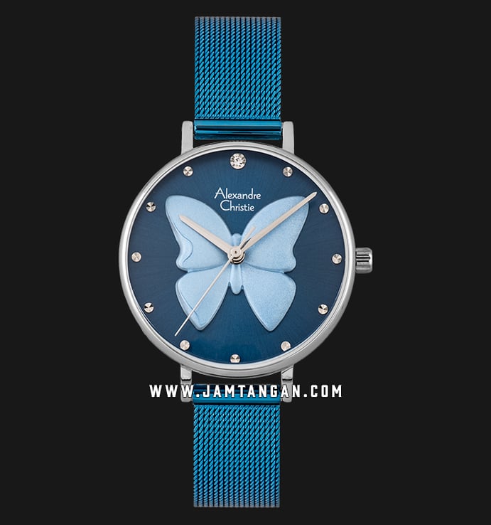 Alexandre Christie AC 2850 LH BTUBU Ladies 3D Butterfly Blue Dial Blue Mesh Strap