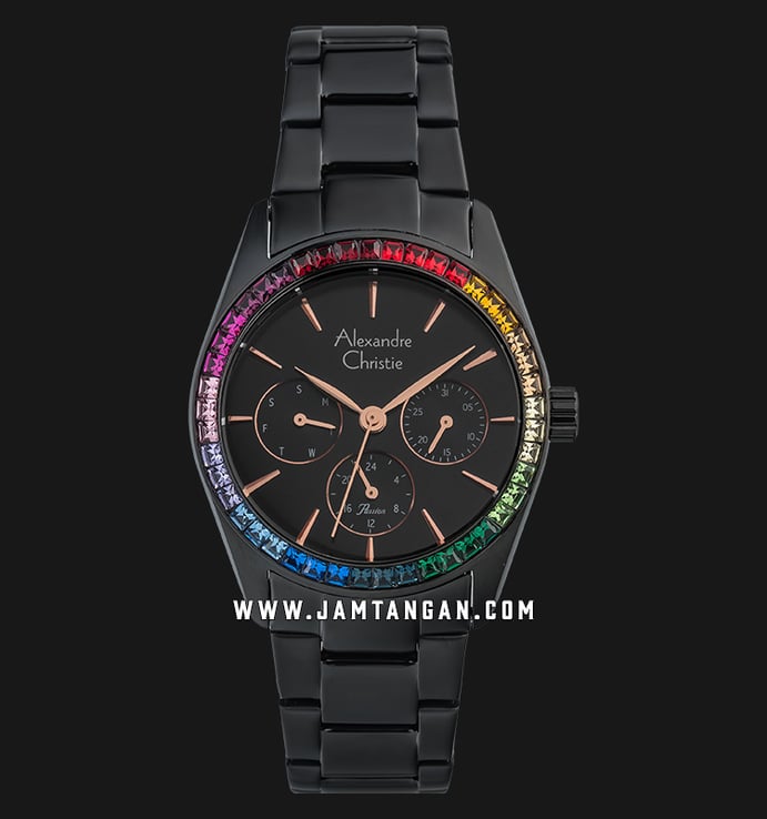 Alexandre Christie Passion AC 2876 BF BIPBA Ladies Rainbow Crystal Black Dial Stainless Steel Strap 