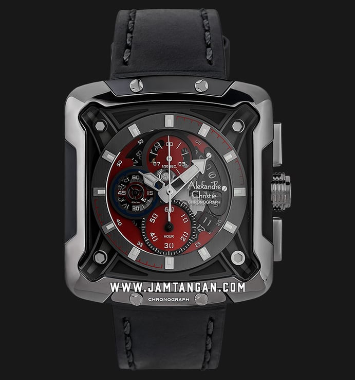 Alexandre Christie AC 3039 MC LEPBARE Sport Chronograph Men Red Dial Black Leather Strap