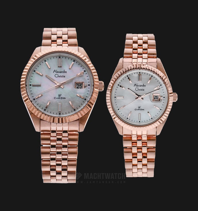 Alexandre Christie AC 5002 BRG Couple White Mother of Pearl Dial Rose Gold Stainless Steel Strap