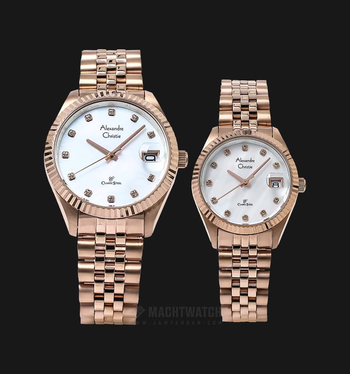 Alexandre Christie AC 5006 BRGMS Couple White Dial Rose Gold Stainless Steel Strap