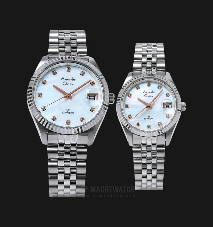 Alexandre Christie AC 5006 BSSMS Couple White Mother of Pearl Dial Stainless Steel Strap